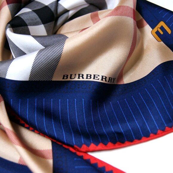 NWT Burberry Scarf Logo Iconic Beige Check Blue Border Silk Wrap - Picture 16 of 16